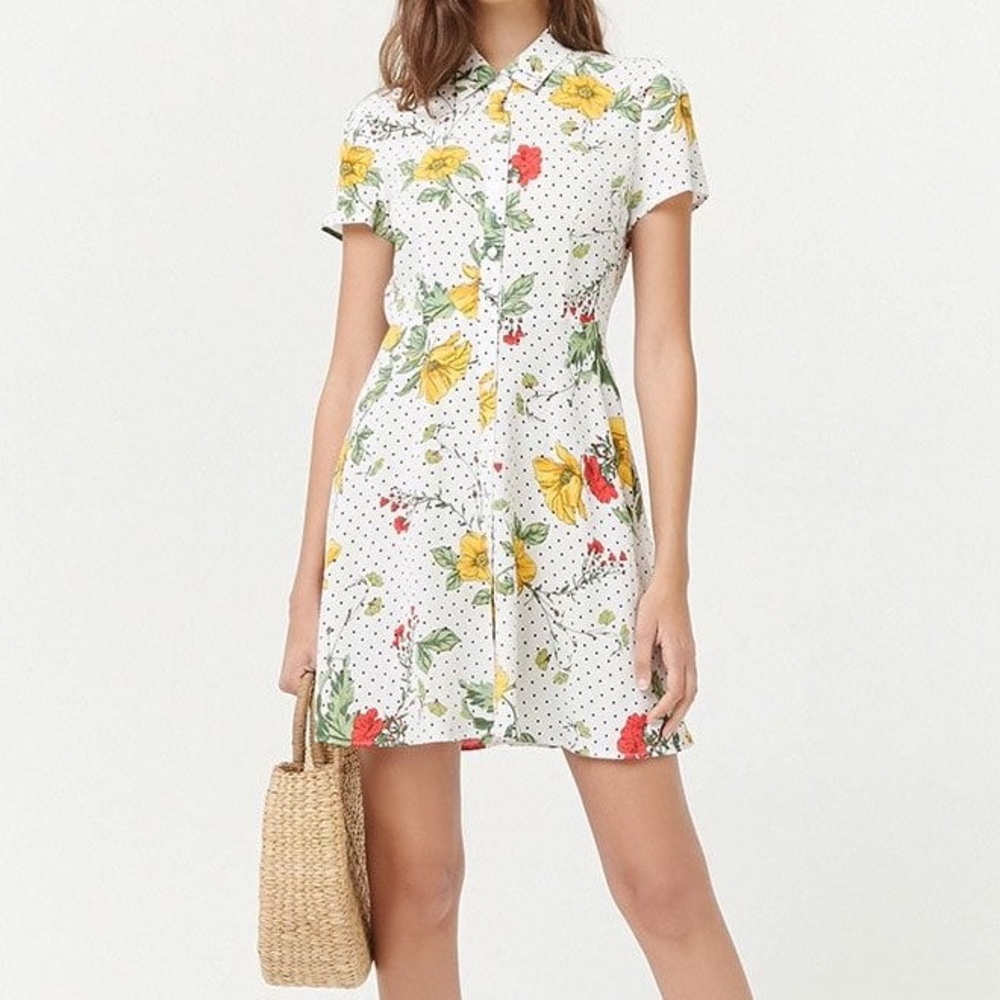 Polka Dot & Floral Print Shirt Dress